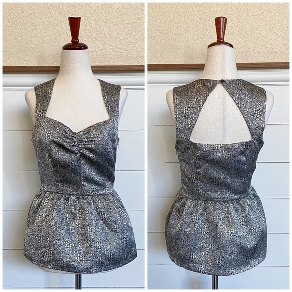 Gold & Black Dress peplum top with back cut out accents sz‎ S - Picture 1 of 9